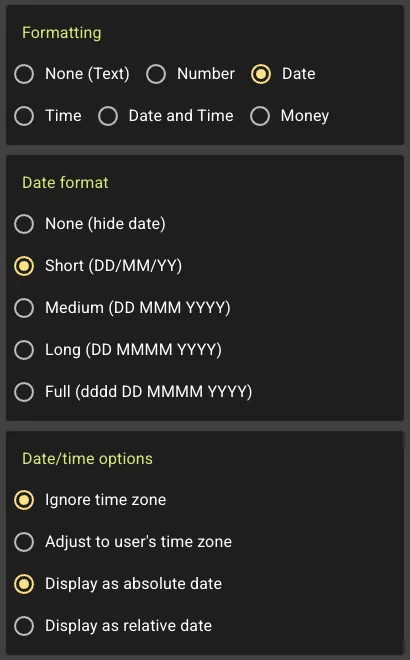 text formatting options